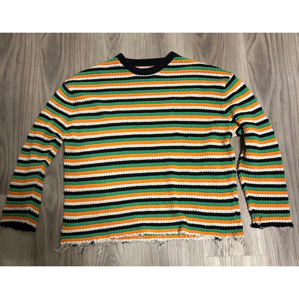 ZARA Striped Crochet Knit Sweater Cropped Distressed Orange Green White Black L
